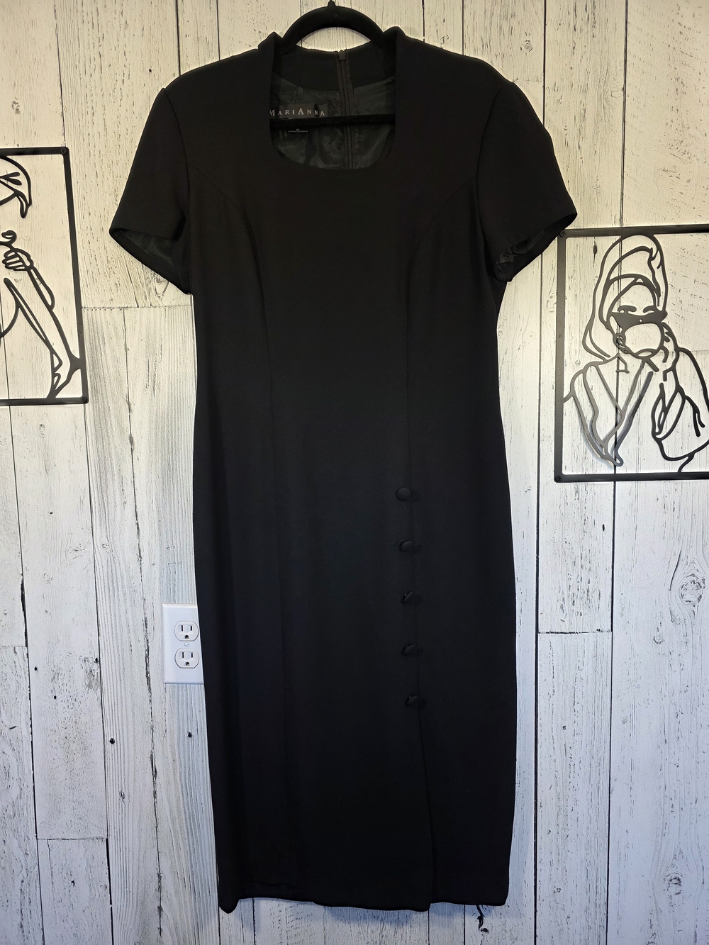 Vintage 90s Marianna Black Sheath Midi Dress Size 10 Made in Canada